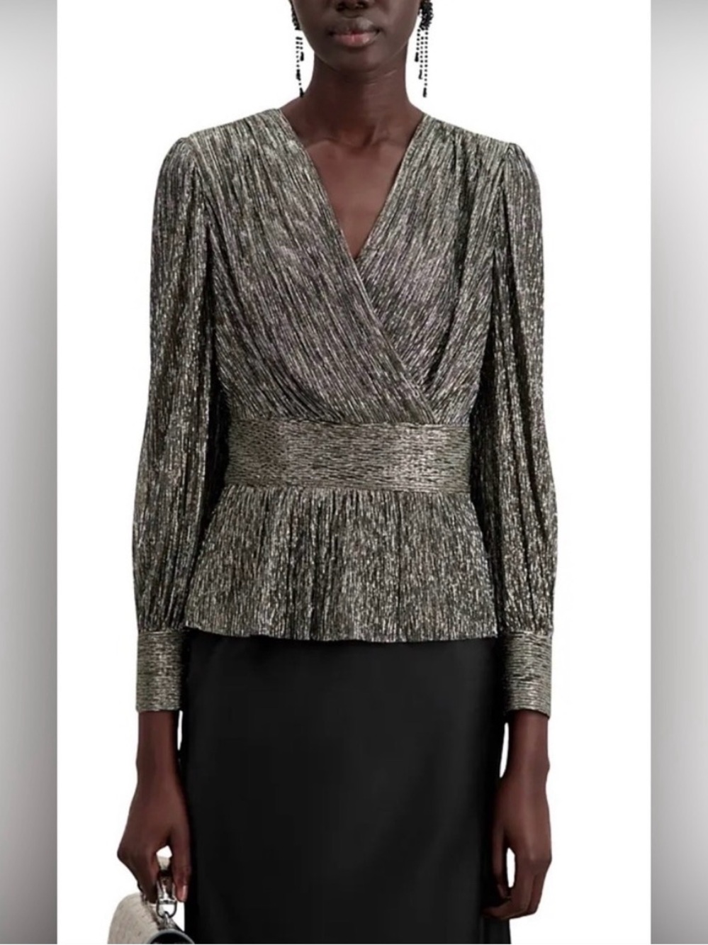 The Kooples Metallic Pleated Wrap-Front Peplum Top - Silver and Black size Med
